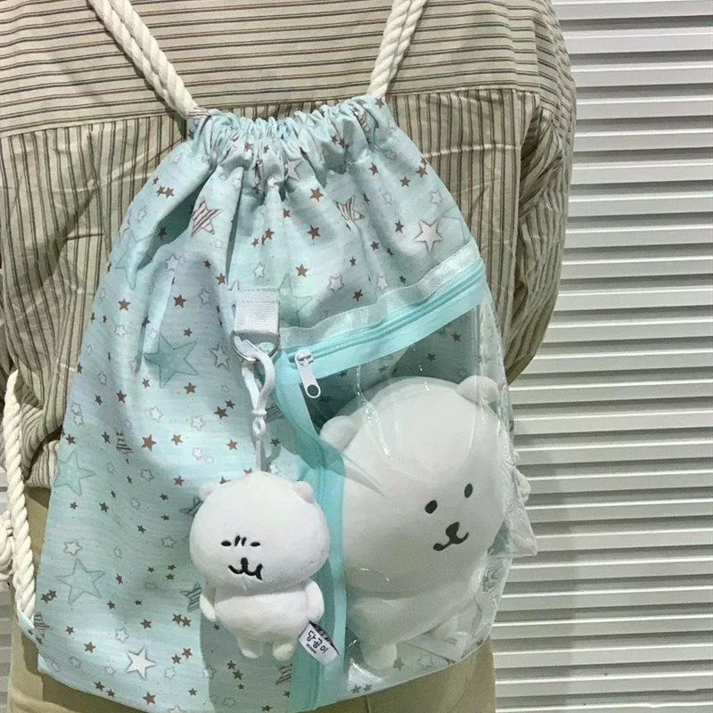 

Cute Stars Polka Dots Drawstring Backpack With Transparent Pocket School Bag Large Capacity Lightweight Traveling Storage Bag