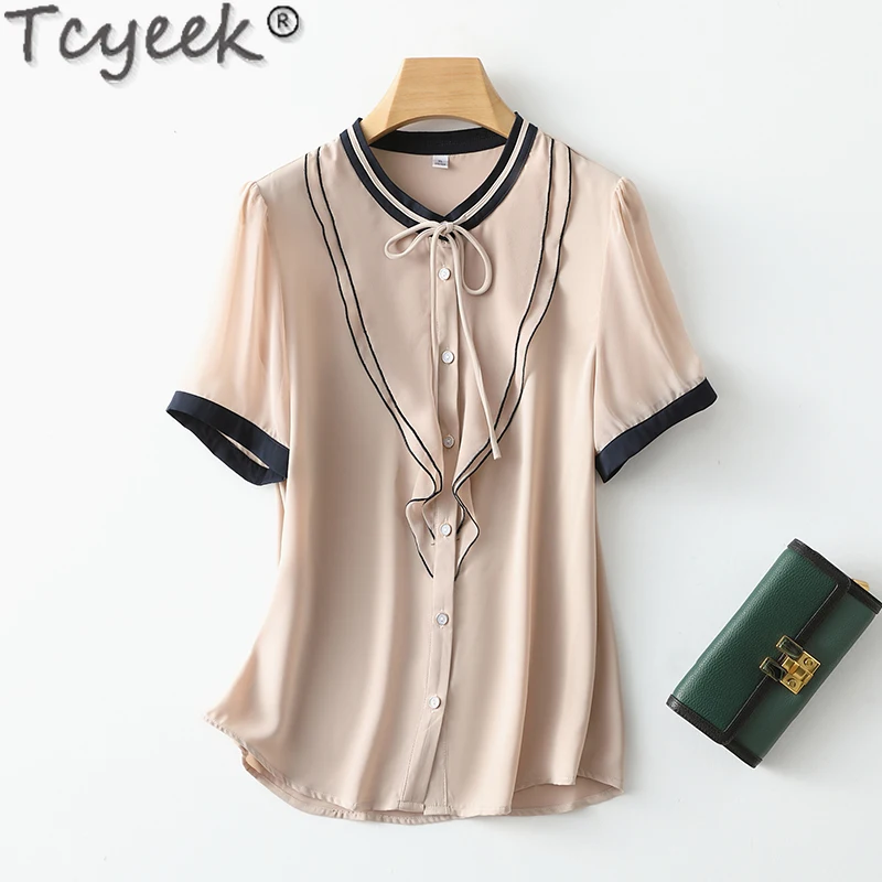 

Tcyeek 92.8% Mulberry Silk Shirt Elegant Shirts for Women 2024 Summer Clothes Fashion Womens Tops Short Sleeve Рубашка Женская