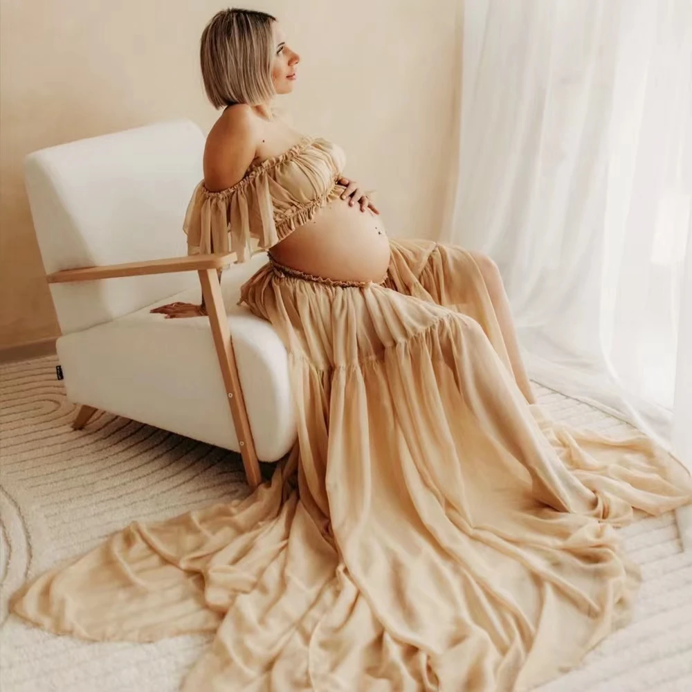 Vestido de maternidad de gasa para sesión de fotos, vestido largo semitransparente con volantes y hombros descubiertos para embarazo, vestido de fotografía para mujer