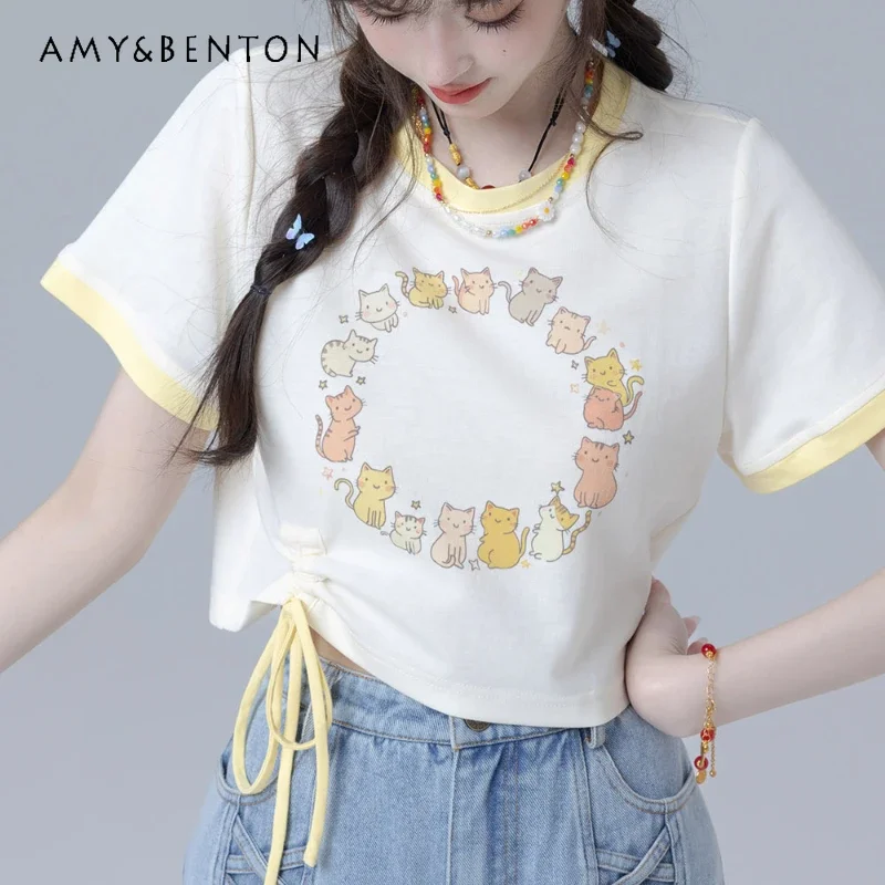 2024 New Japanese Casual Summer Yellow Sweet Cute Printed Short-sleeved T-shirt Top For Girl