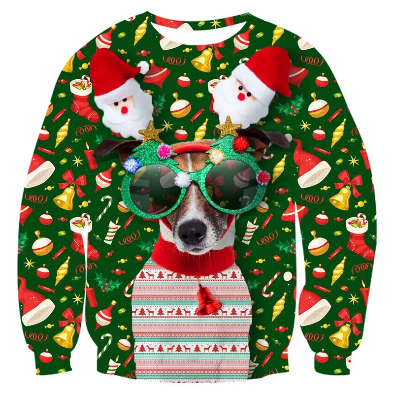 Vintage 3D Print Funny Christmas Sweatshirts Reindeer Santa Xmas Ornaments Graphic Ugly Christmas Sweatshirts Mens Clothing Tops