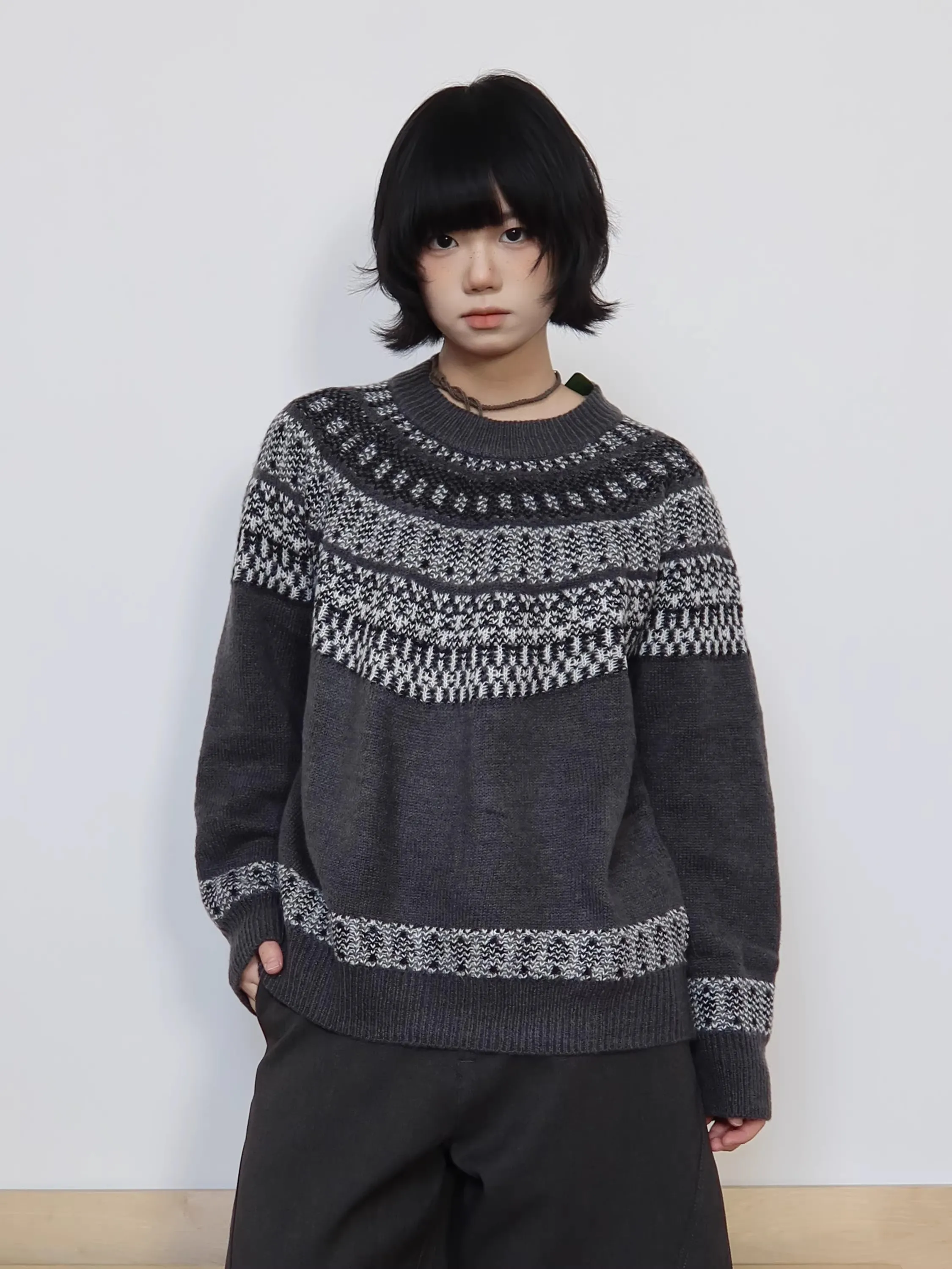 

Вязаный шерстяной свитер свободного кроя с воротником-стойкой, винтажный геометрический узор, осенне-зимний, теплый