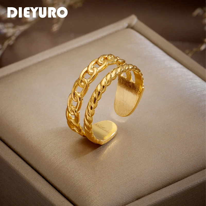 

DIEYURO 316L Stainless Steel Twisted Link Open Ring For Women New Design 2-Color Girls Adjustable Punk Jewelry Party Gift Bijoux