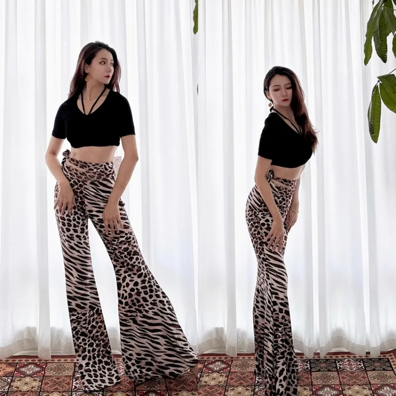Swegal personalizado traje de dança do ventre terno de prática dança oriental modal cordão superior padrão leopardo calças largas 2 peças