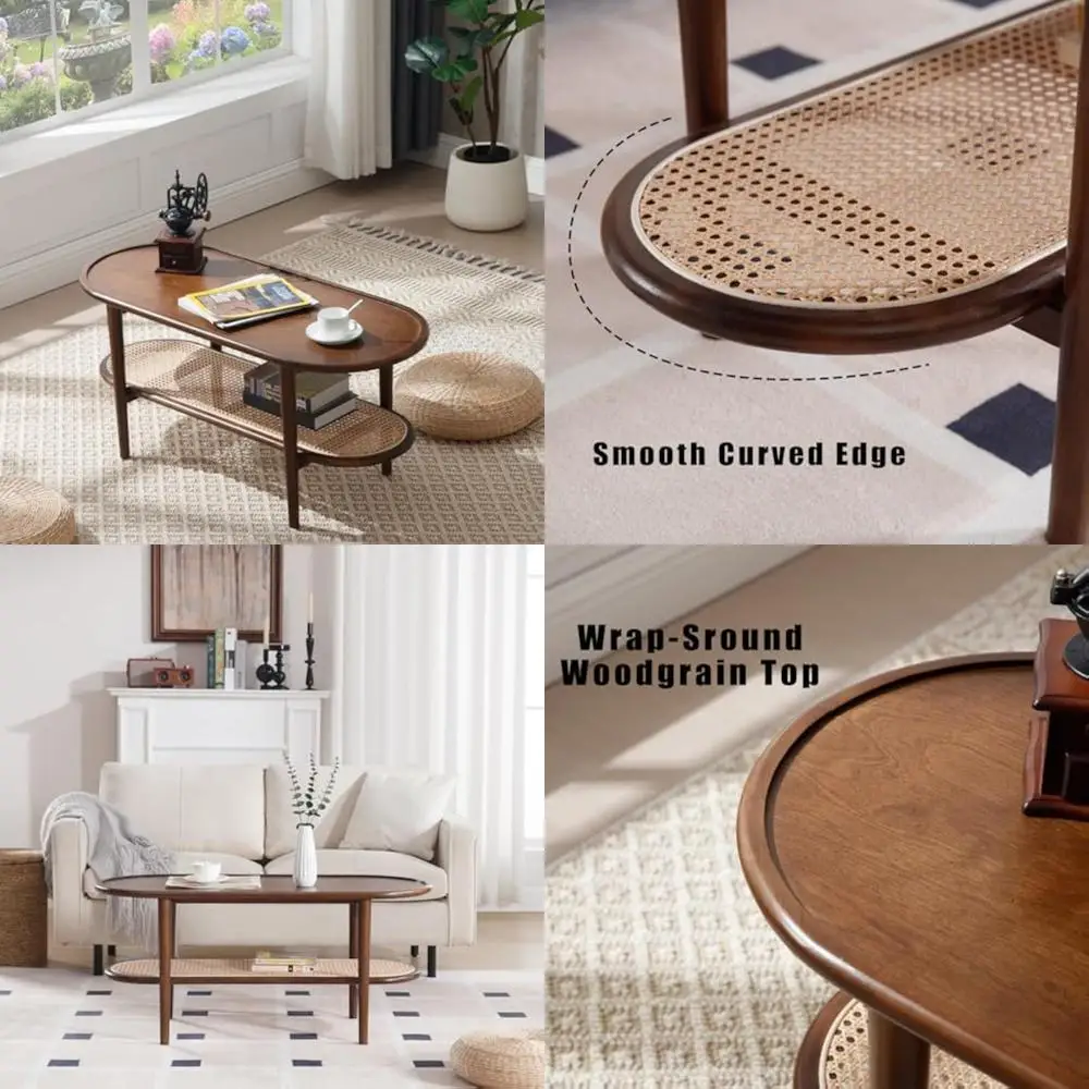rattan wood mid century modern coffee table, 39.5