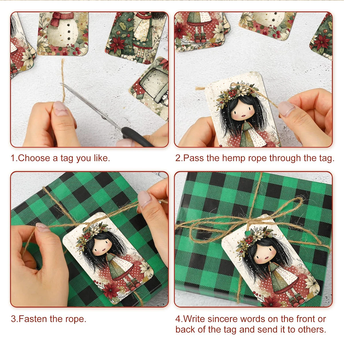 50 Stück Vintage Niedliche Weihnachtsgeschenkkarten mit Juteschnur, DIY Weihnachtsbaum-Anhänger, Etiketten für Zuhause, Büro, Zimmer, Party-Dekoration – Detail 5