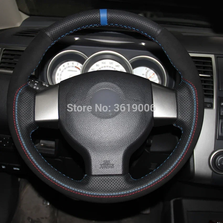 For Old Nissan Tiida Livina Sylphy Note Hand-stitched Anti-Slip Black Leather Black Suede Blue Marker DIY Steering Wheel Cover