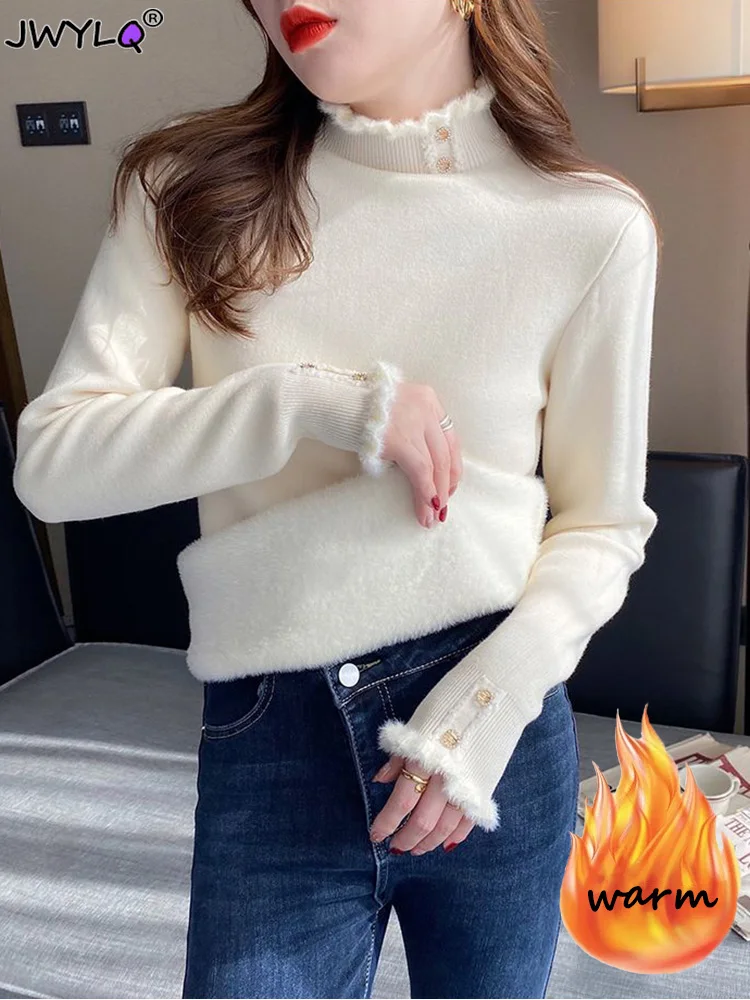 

Thicken Velvet One-piece Velvet Sweater Womens Winter Turtleneck Design Knitted Tops Korean Warm Lace Splicing Knit Jumper New