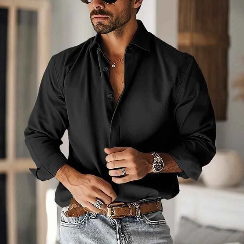 

Autumn Casual plus Size Long Sleeve Shirt Men Loose Top Graduated Sun Protection Treatment Cotton Blend Shoulder Pad Shirt