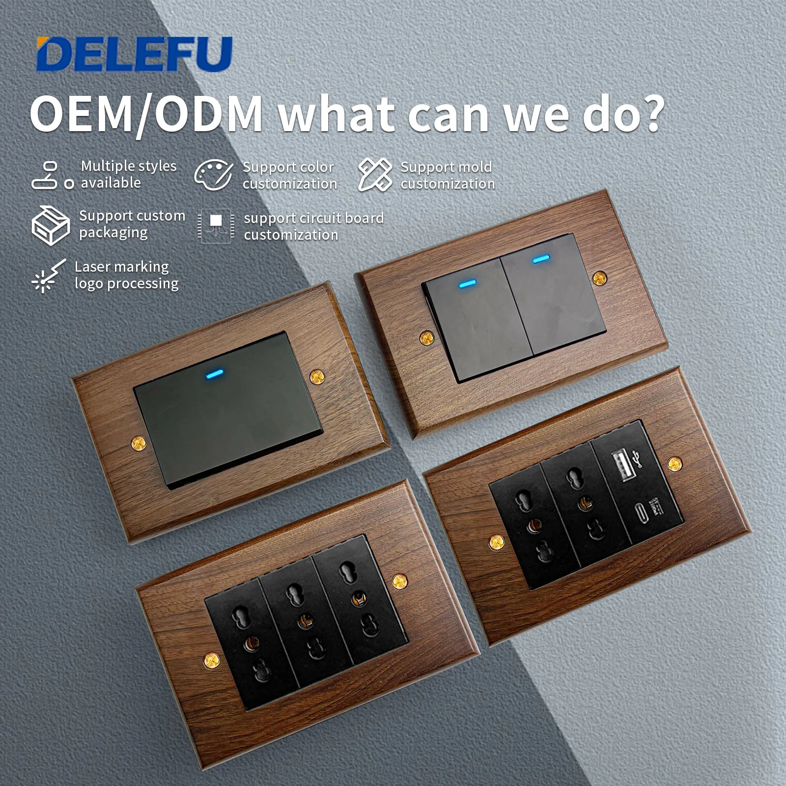 DELEFU Walnut Wood Solid Panel Italy Standard 118mm Wall Socket Fast Charging USB TypeC Retro Switch Black Chile Schuko 20w AC image 4