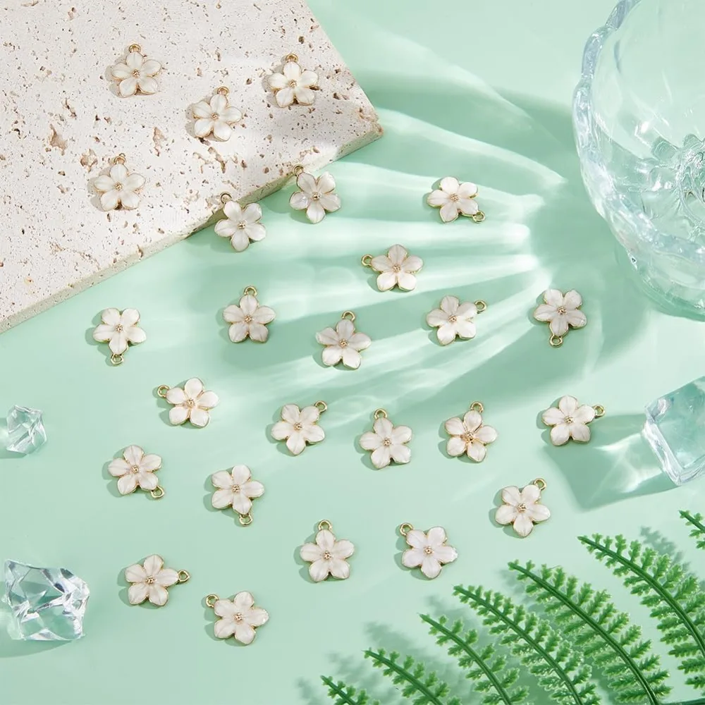 50Pcs Cherry Blossoms Flower Charms Enamel Flower Charms Cute White Flower Charms for Jewelry Making Bracelet Necklace Earrings image 4