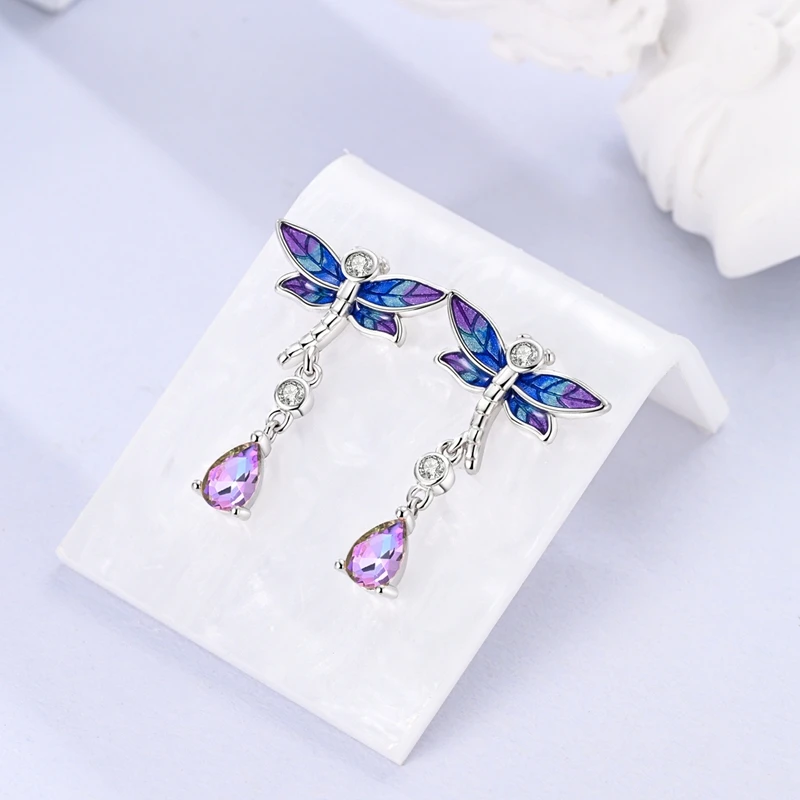 

Серьги-гвоздики из стерлингового серебра 925 пробы, синие и фиолетовые серьги-гвоздики со стрекозой для юбилейных свадебных украшений, подарков