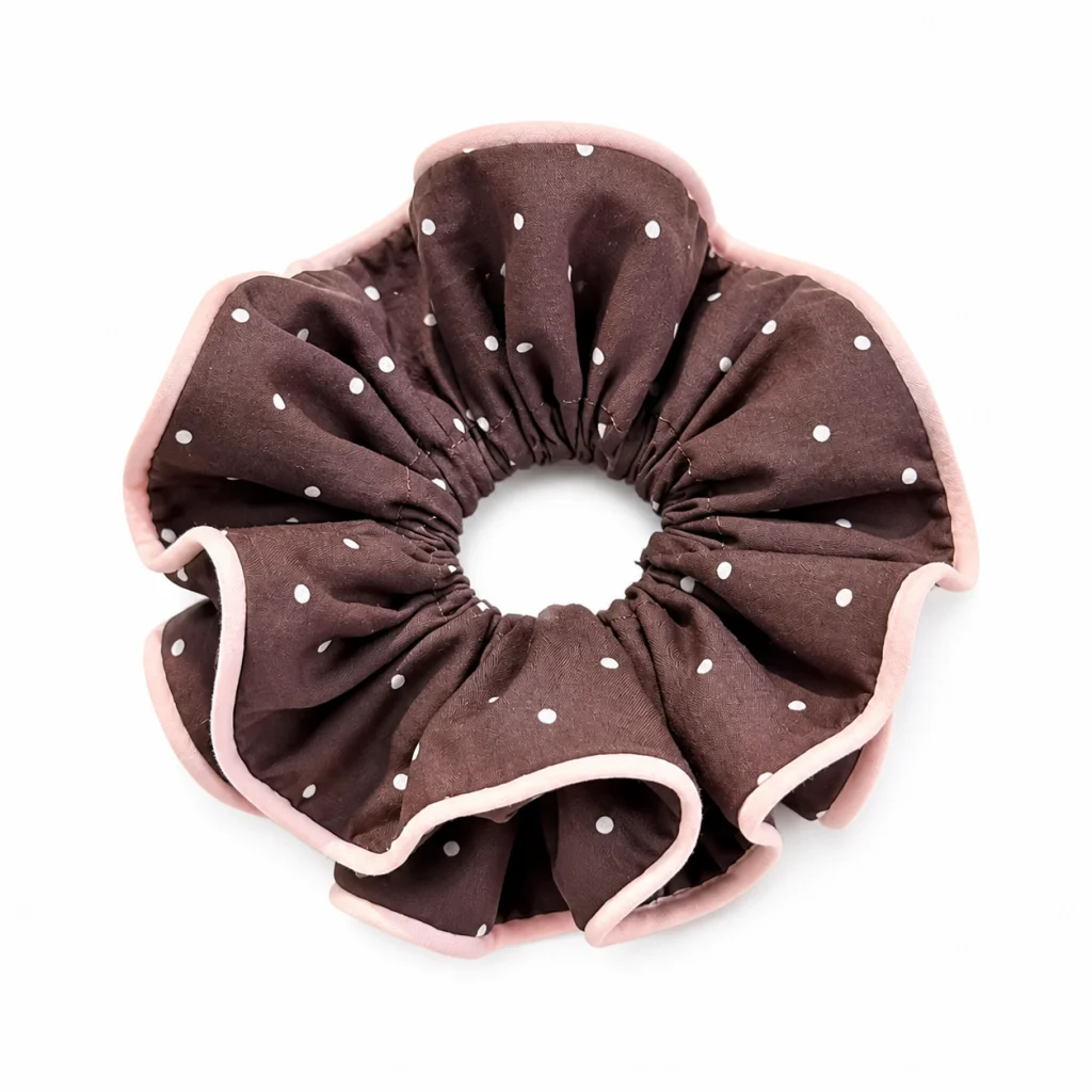 chocolate-blush-polka-dot-piped-single-layer-scrunchie-handmade-hair-tie-for-women