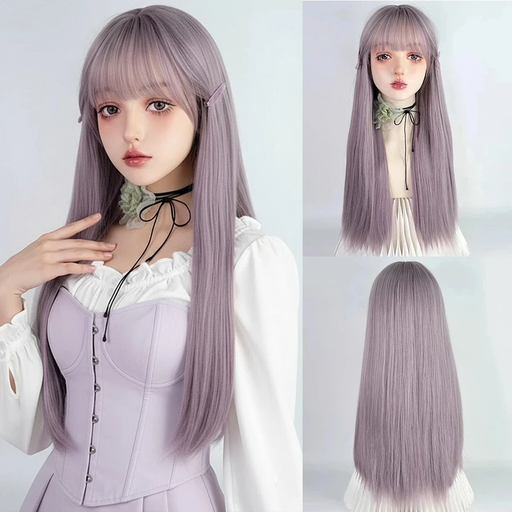 باروكة صناعية طويلة مستقيمة باللون الرمادي والأرجواني مع غرة للنساء، شعر مستعار للحفلات التنكرية اليومية لوليتا، مقاوم للحرارة #1