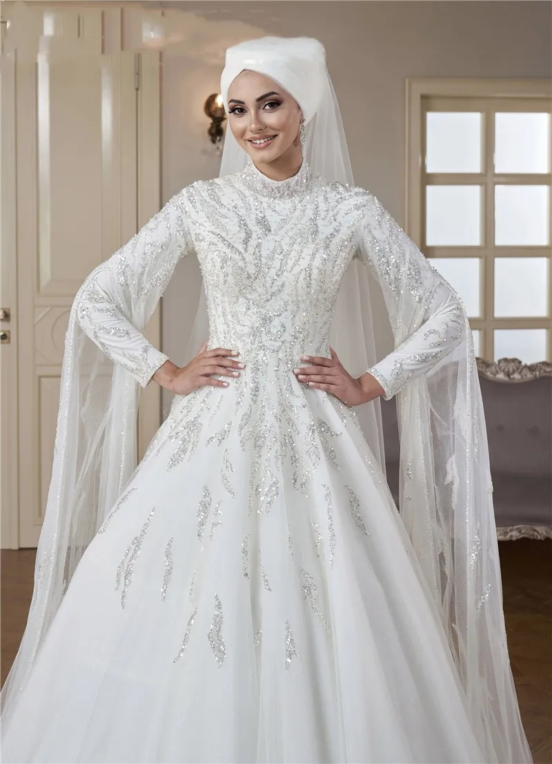 customized Muslim Wedding Dress High Neck Luxury Sequins Islamic Bridal Gown Arabic Dubai Kaftan Vestidos De Novia Women Dress