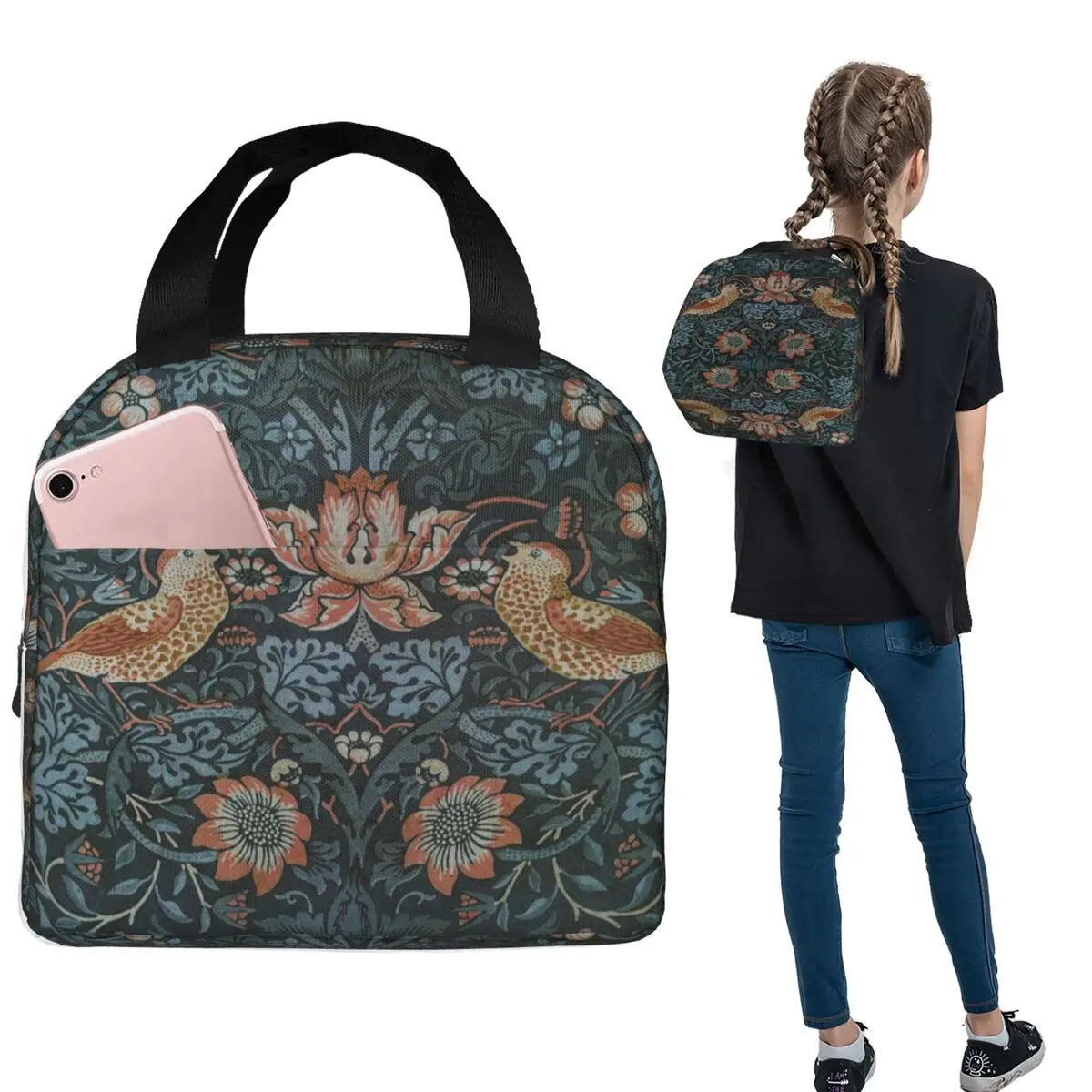 William Morris Original Vintage Poster - Strawberry Thief 1883 Insulated Lunch Bag for Women Kids Food Boxes Thermal Lunch Box