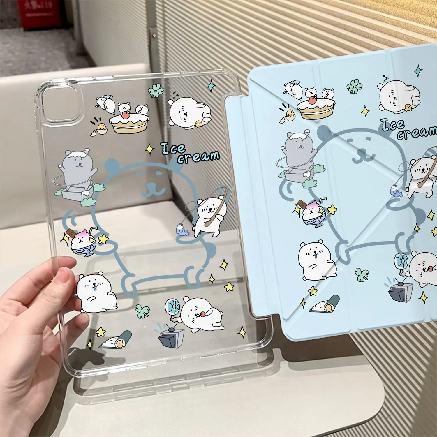 Ins Blue Kawaii Bear New Tablet Case For iPad Pro 11 12.9in 13 M4 9.7 10.2 5/6th 7/8/9 10 11th MINI 6 7 Air 5 6 7 Trifold Case