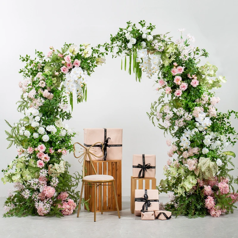 Wedding event floral arrangement pink stage ornaments window scene decoration bouquet simulation green plants