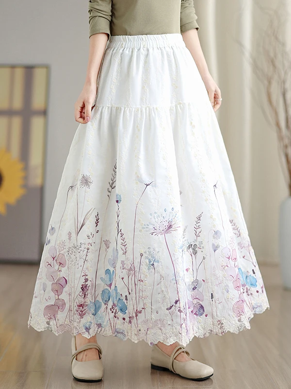 تنورة مطرزة بالزهور على شكل حرف a عالية الخصر للتخسيس تنورة طويلة على شكل حرف a للنساء لربيع 2026 تنورة كعكة لطيفة