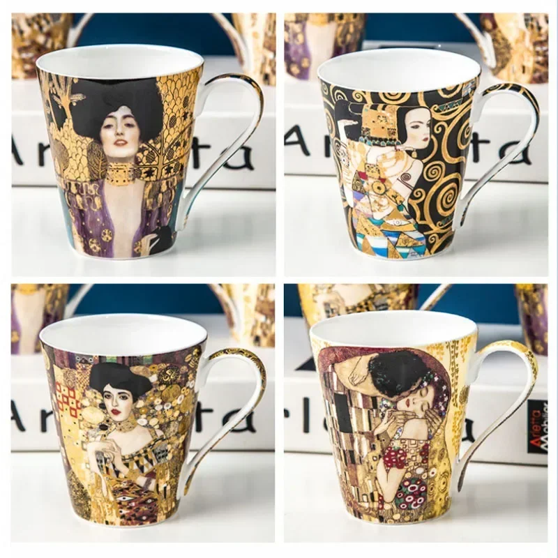 Klimt Kiss Bone China Tea Mug Creative Porcelain Oil Painting Cafe Cup European Trend Ceramic Cup Valentine's Day Christmas Gift