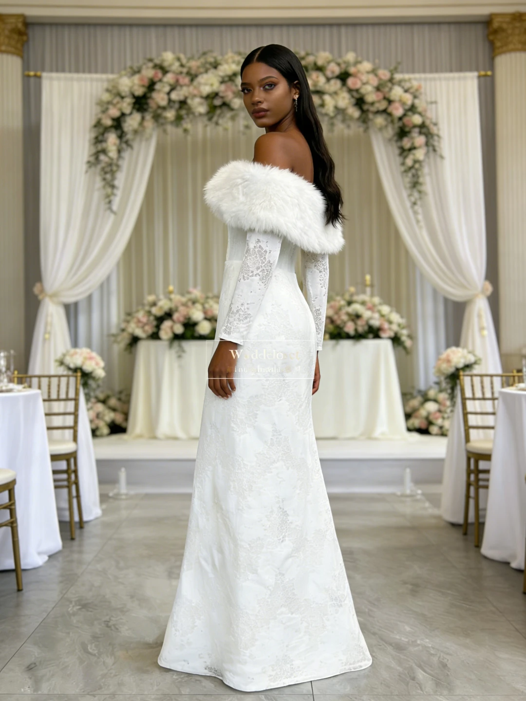 

White Winter Off Shoulder Fur Trim Lace Long Sleeve Mermaid Wedding Dress Bridal Gown