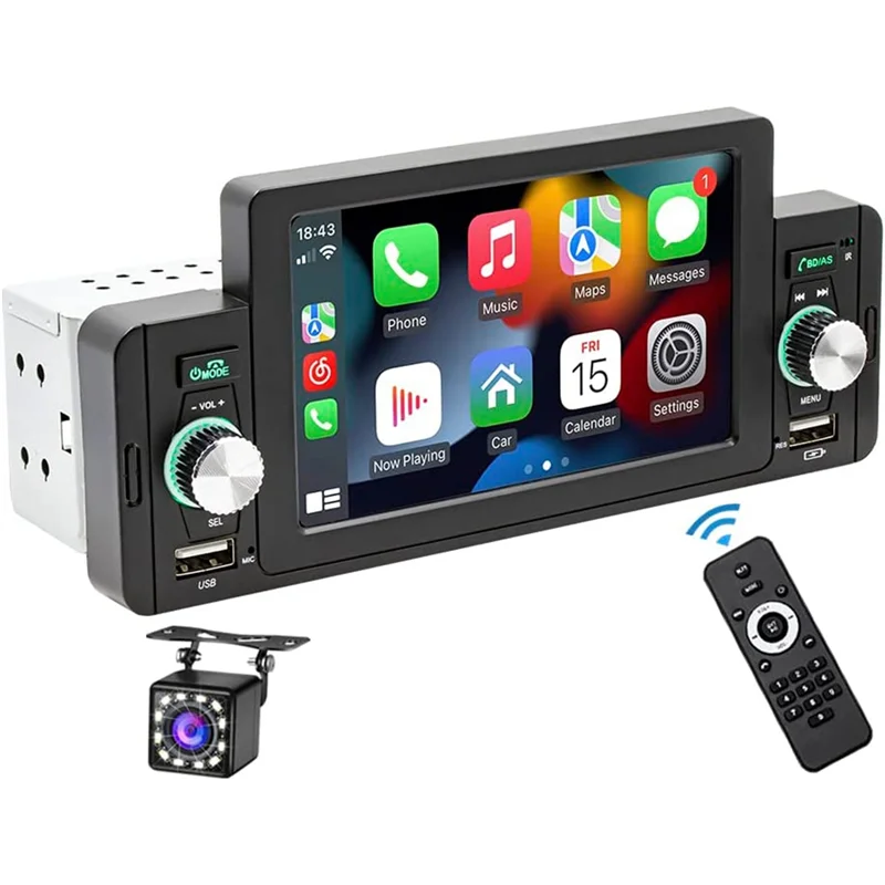 5 Inch Single Din Car Stereo Wireless CarPlay Android Auto Mirror-Link,Touchscreen Radio Bluetooth Backup Camera,FM USB