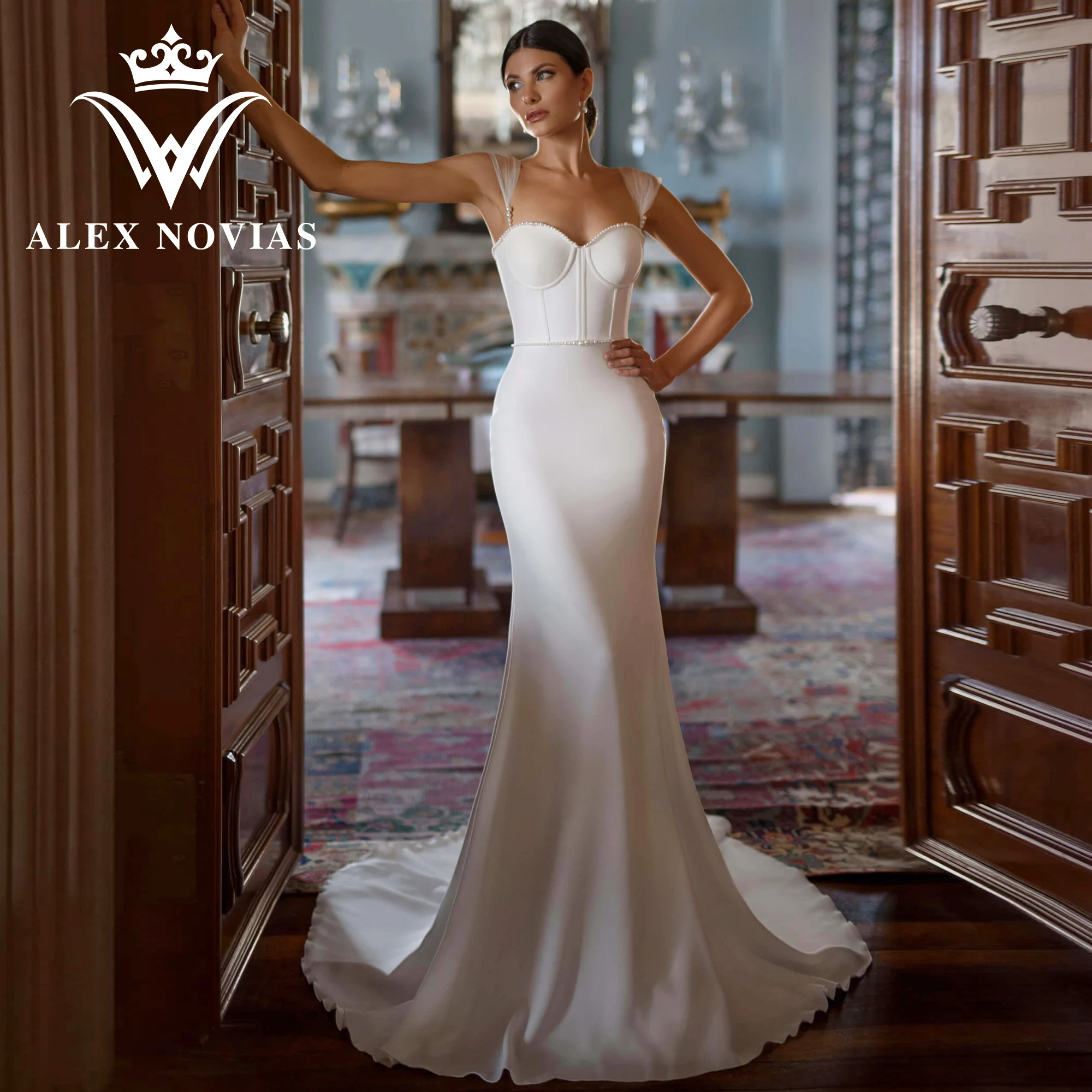 

ALEX NOVIAS Satin Mermaid Wedding Dresses 2023 Spaghetti Straps Sweetheart Pearls Trumpet Wedding Gown Vestidos Novias De Saten