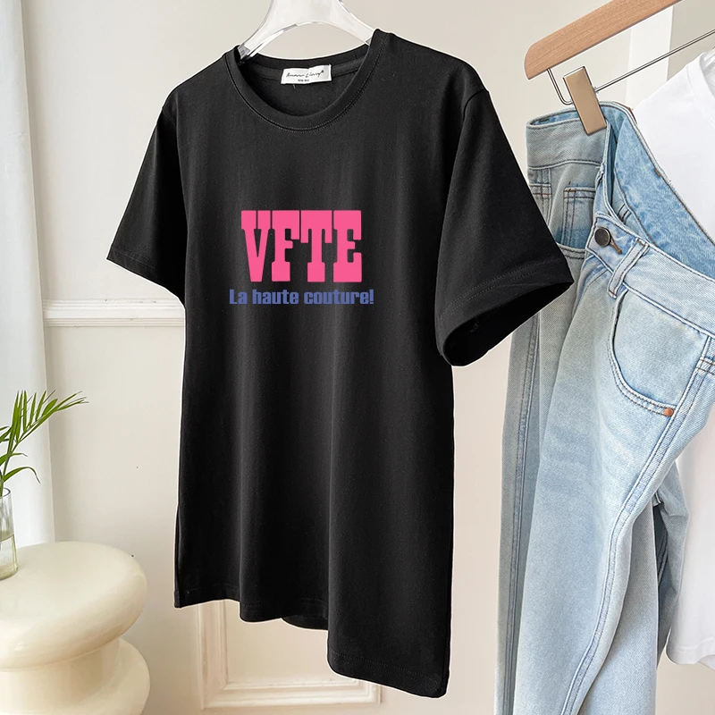 2025 ฤดูร้อนใหม่แฟชั่นอเนกประสงค์พิมพ์รอบคอหลวมแขนสั้นเสื้อยืดผู้หญิงสีขาวผ้าฝ้ายสีดํา A315