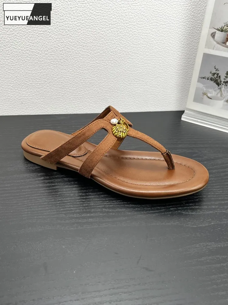 

Fashion Women Elegant Summer Comfortable Real Suede Leather Solid Color Flat Slides Shoes Casual Ladies Versatile Beach Slippers