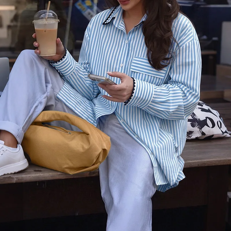 Women's New Striped Button Down Shirt Lapel Long Sleeve Pocket Decor Loose Fit Casual Versatile Commute Office Daily Wear Blouse