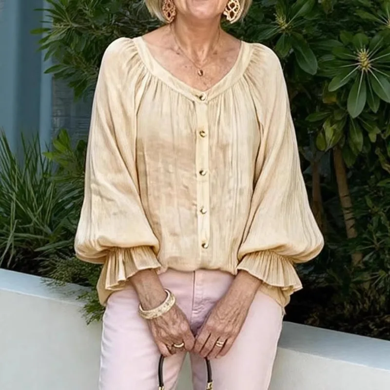 

Женская блузка с V-образным вырезом и рукавами-баллонами, на пуговицах, с рюшами на манжетах, повседневный топ для весны и лета