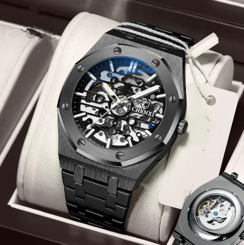 Fully Automatic Mechanical Watch for Men 2024 Butterfly Double Button Stainless Steel Mechanical Watch New Fashion