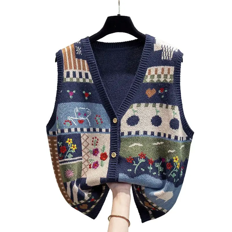 V-neck Knitted Cardigan Women\'s 2023 Spring and Autumn New Loose Fashion Printed Embroided Sleeveless Button Sweater Vest Tops