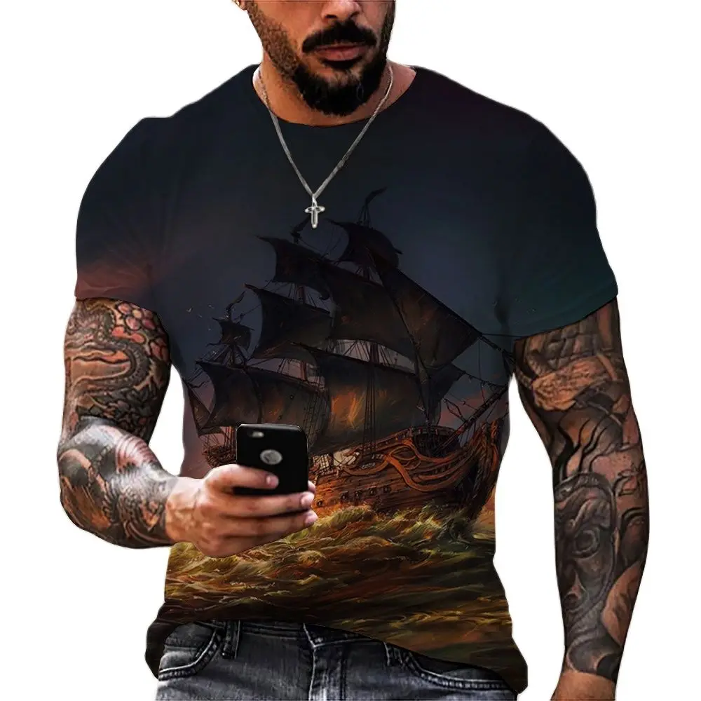 Vintage Men\'s T-shirts 3D Ship Print Short Sleeve Pirate Ship T Shirt For Men Clothing Oversized Tee Shirt Men Camiseta Hombre