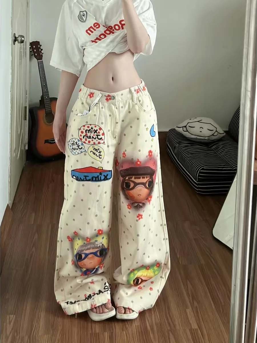 

Summer New Style Women's Polka Dot Digital Print Casual Straight Leg Wide Leg Jeans High Waist Soft Denim Retro Pattern