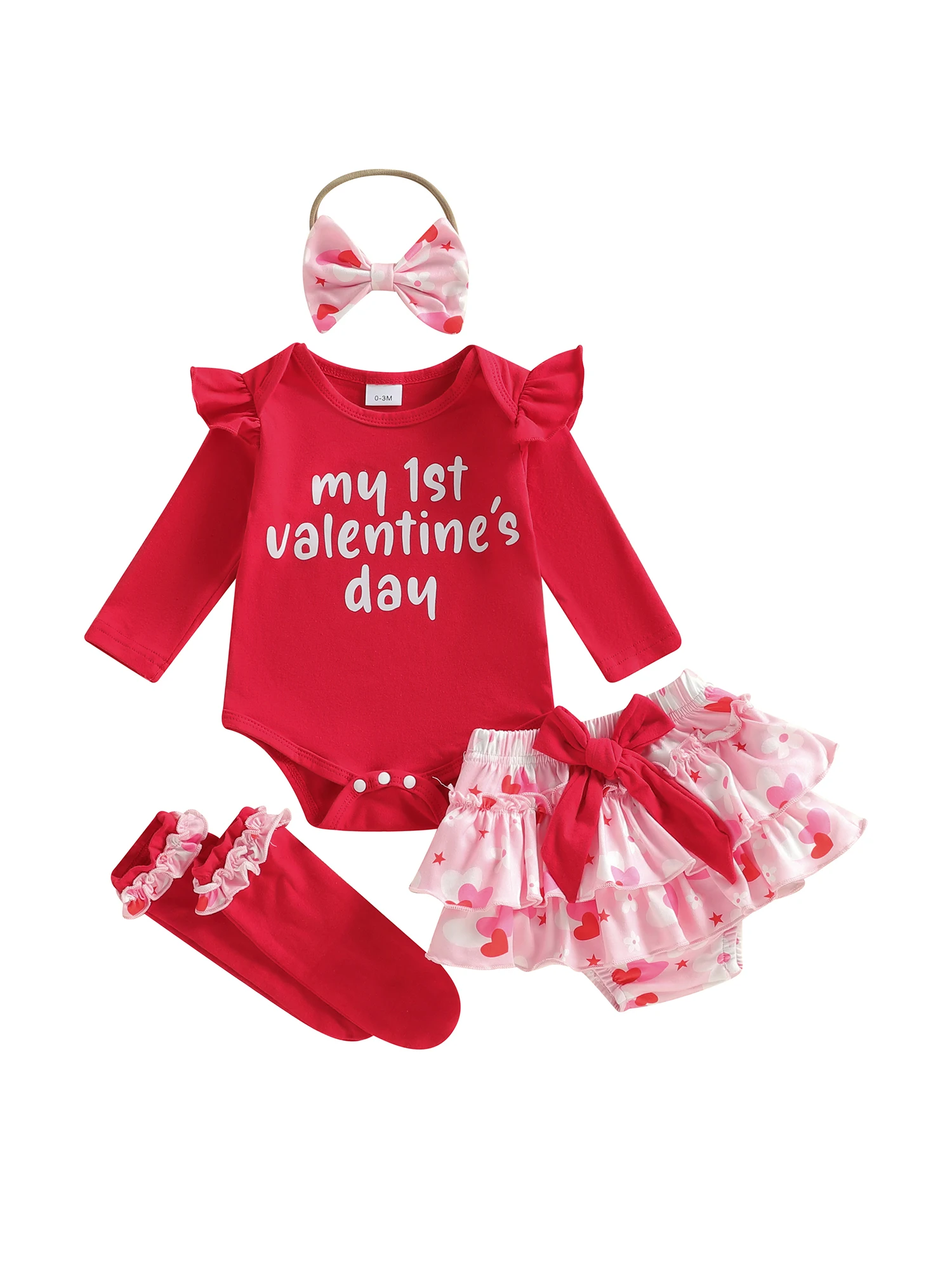 

Adorable Toddler Valentine s Day Ensemble Sweet Heart Print Romper with Ruffled Skirt Matching Headband and Cozy Stockings