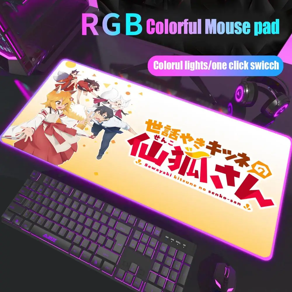 

Полезный коврик для мыши Fox Senko-san, геймерский настольный коврик с RGB-подсветкой, светодиодный коврик для мыши, игровой настольный коврик, большой коврик для мыши с подсветкой