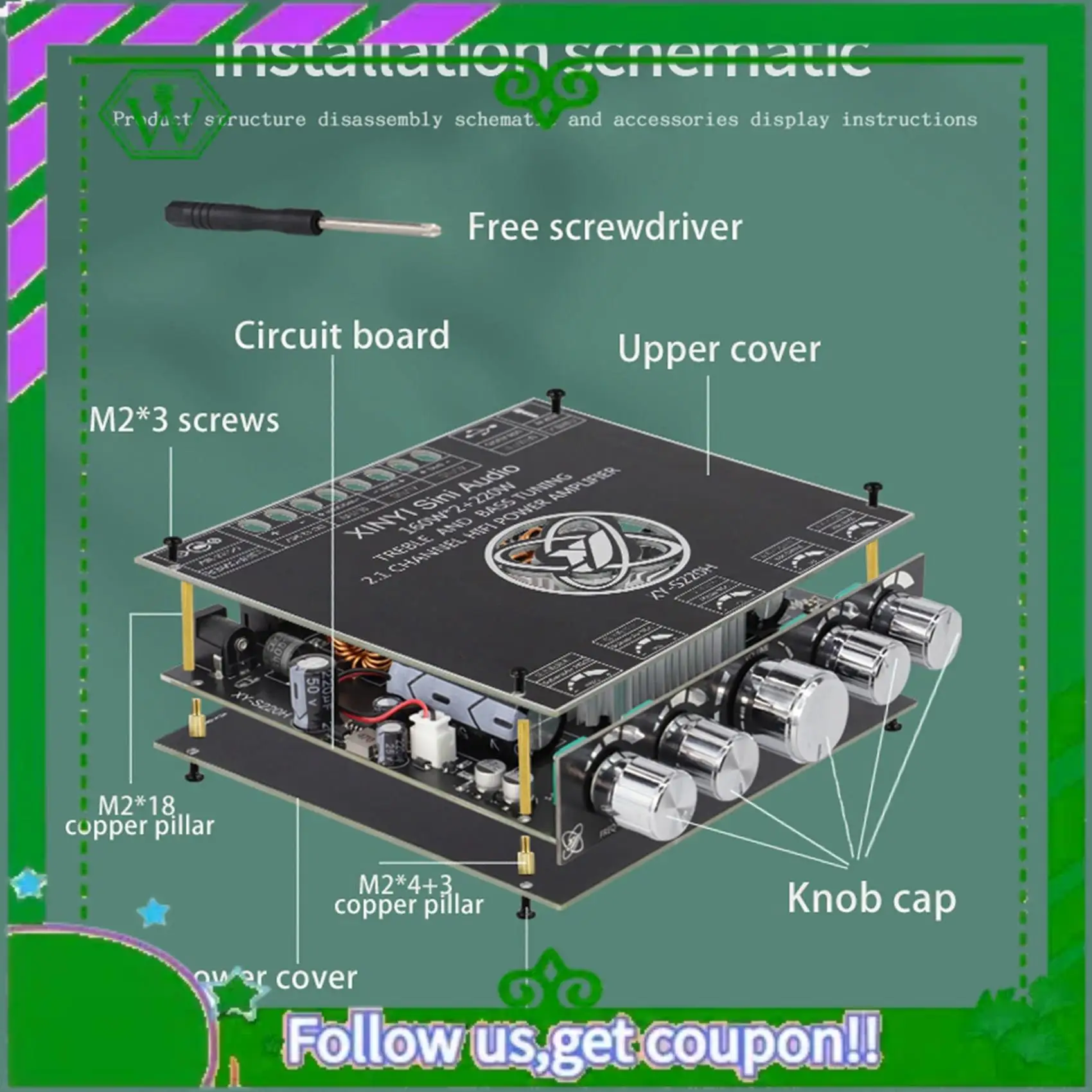 

ABIK-XY-S220H Плата усилителя мощности 160 Втx2 + 220 Вт TDA7498 2.1 Двухканальный Bluetooth-совместимый модуль сабвуфера 5.1