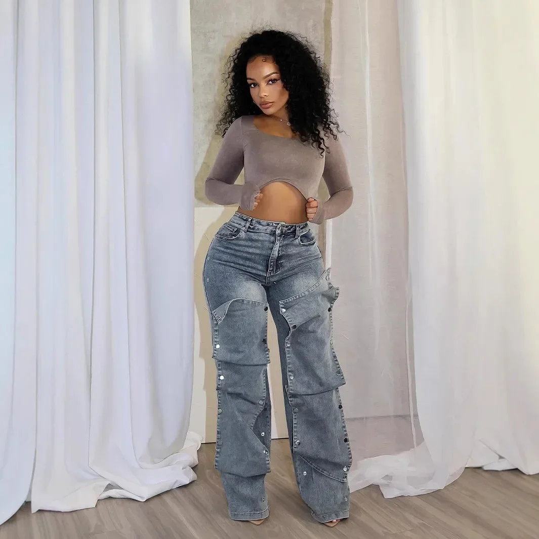 

Женские джинсы прямого кроя с пуговицами и карманами, с высокой талией, удлиненные, с эффектом потертости, стрейч, 2026 Streetwear