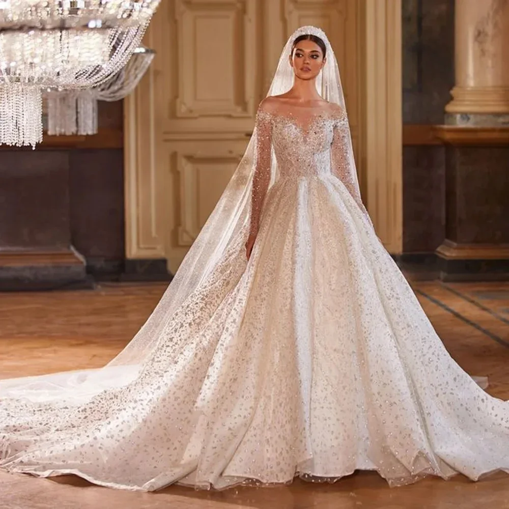 Customized Gorgeous Vestidos De Novia Shining Long Sleeve Ball Gown Wedding Dress Beading Tulle Luxury Bride Dress