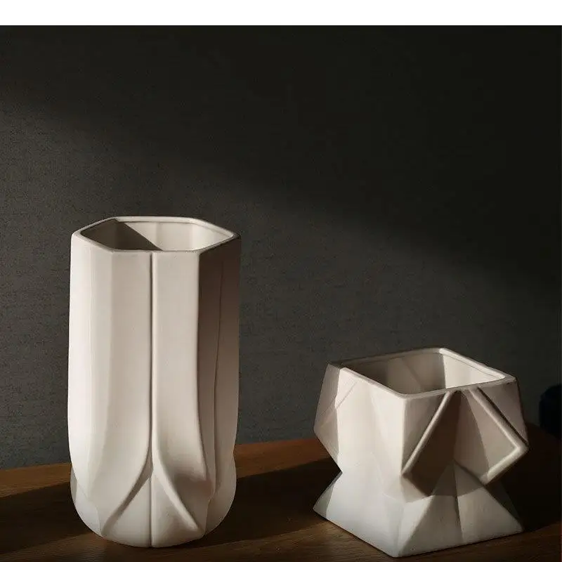 

Geometric Texture Ceramic Vase Minimalism White Flower Pots Desk Decoration Artificial Flowers Decorative Floral Arrangement