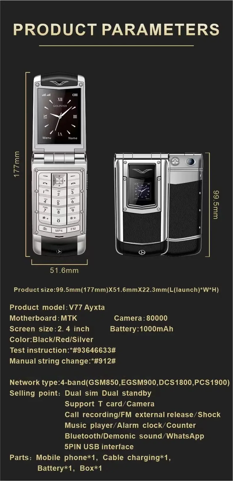 V77 Ayxta GSM CellPhone 2.4inches MTK Dual SIM Dual Standby Flashlight Music Player Bluetooth Flip Mobile Phone