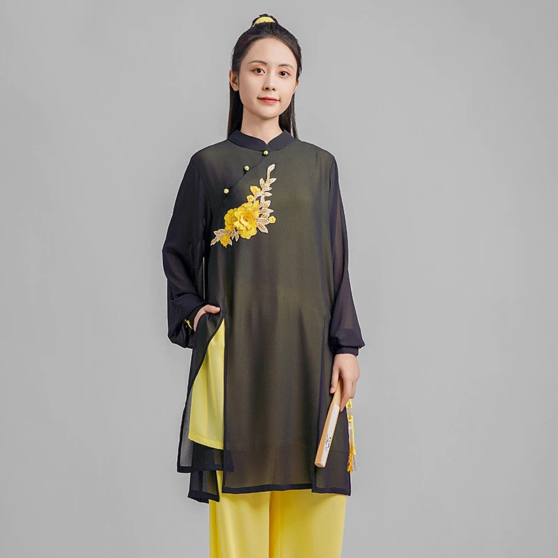 Custom Embroidered Tai Chi Suit for Women – Yellow Flower Design, Black Pearl Chiffon Top &Yellow Pants, New Chinese Style Spri