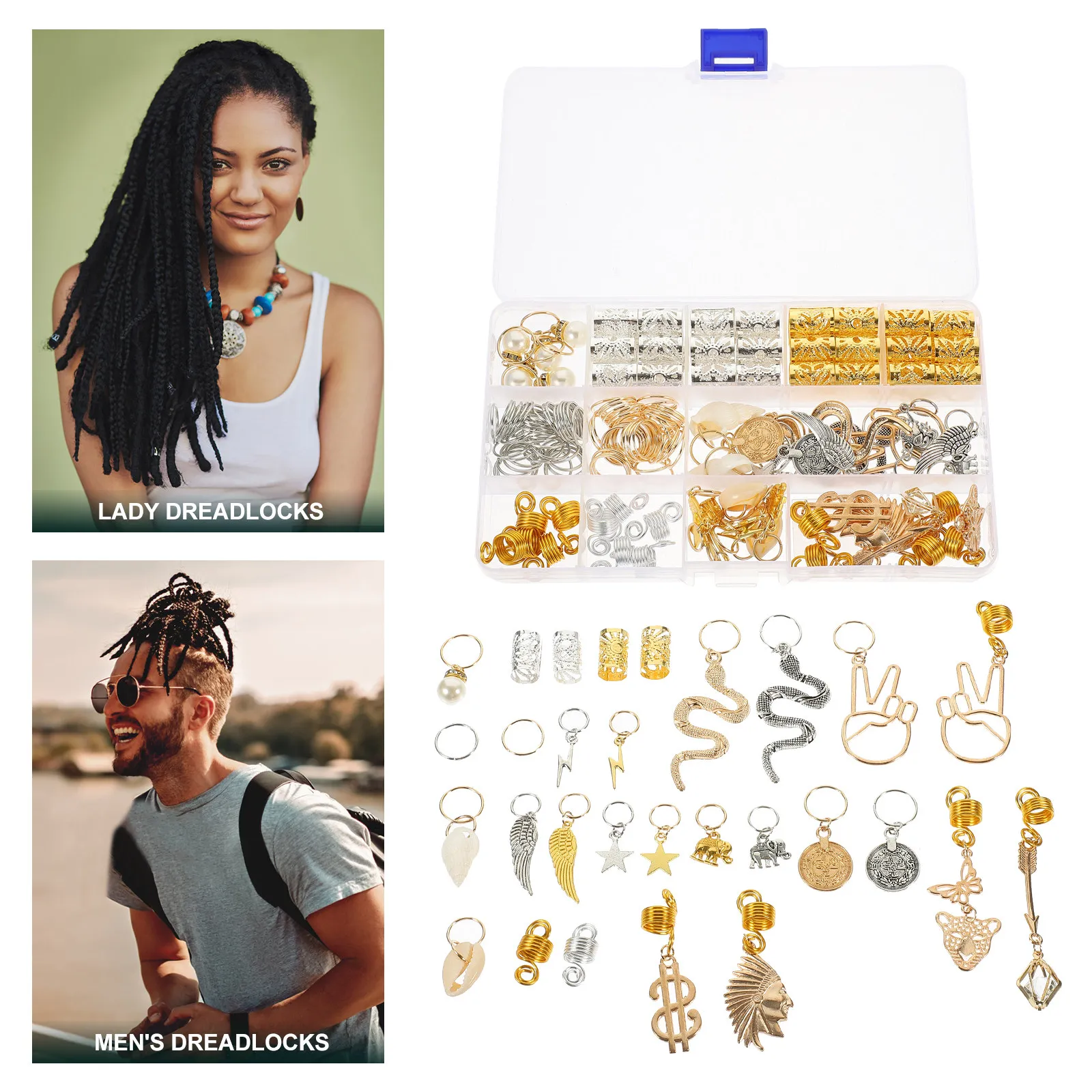 

173 шт. украшений для волос: кольца для дредов, полые кольца для плетения, аксессуары для причесок, бусины для кос, для свадьбы, вечеринки, подарка