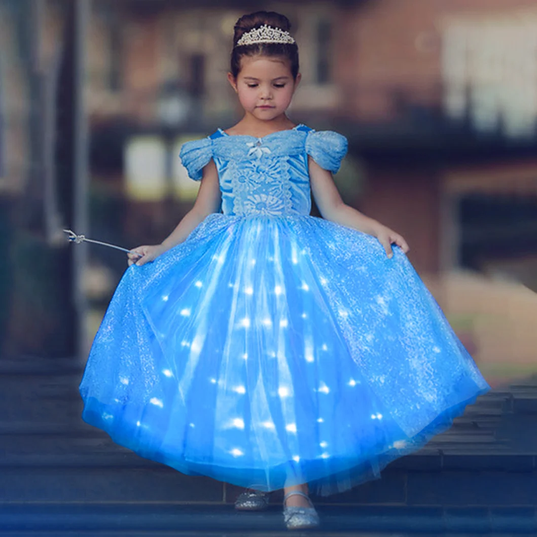 Uporpor Girls Sleeping Beauty Aurora Cosplay LED Dress Short Sleeve Off Shoulder Kid Christmas Gift Fancy Party Princess Costume