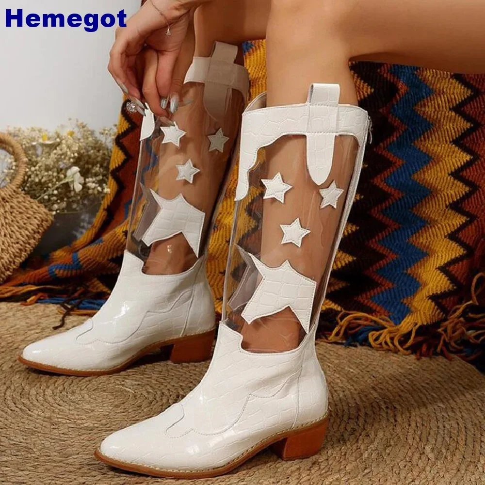 Pointed Pvc Stitching Star Boots Autumn New Black/white Casual 34-44 Size Stage Shoe Thick Heel Fashion Street Sexy Women's Boot