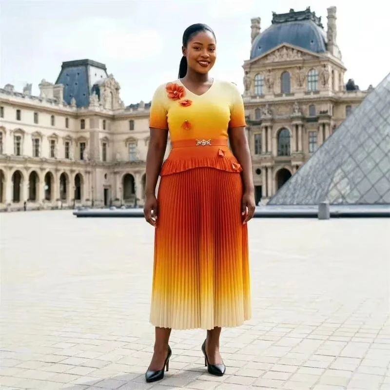 ANLAN Summer Gradient Print Women's Pleated Dress Three-dimensional Floral Design Faux Two-piece Belted Famale Clothes 2026 New