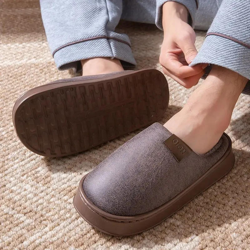 Men Winter Warm Slippers Waterproof PU Leather Fleece Lined Non Slip Indoor Home Thick Plush House Shoes Plus Size
