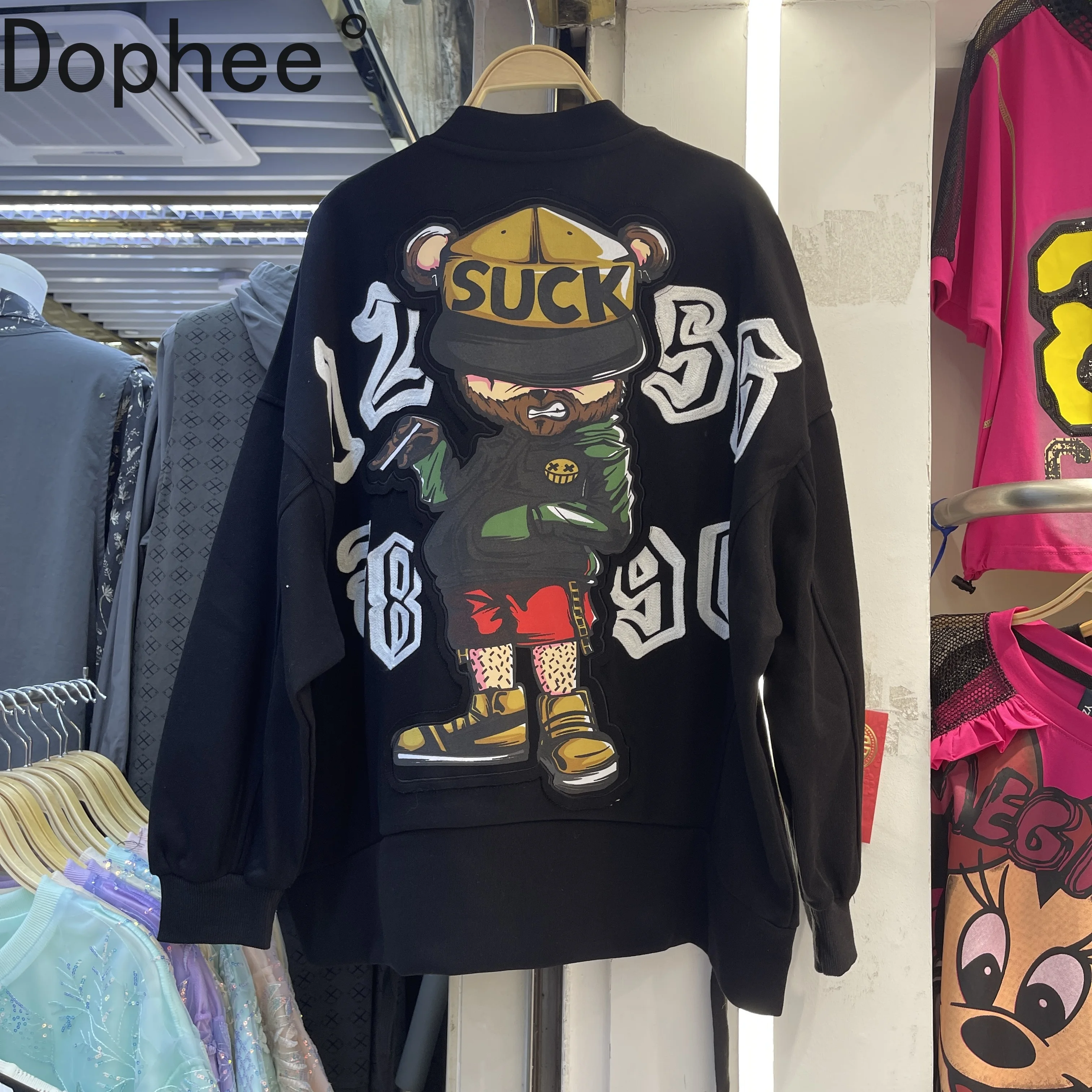 

Trendy 2025 New Spring Autumn Stand Collar Long Sleeve Baseball Jacket Loose Zip Cardigans Coat Embroidery Cartoon Casual Hoodie