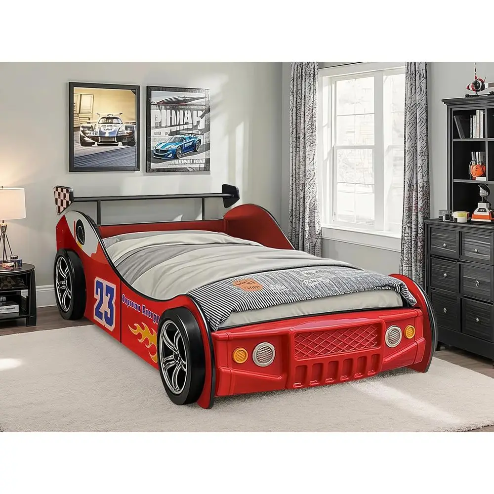 

Детская деревянная кровать в стиле гоночного автомобиля с LED-подсветкой и ламельным основанием для малышей и подростков